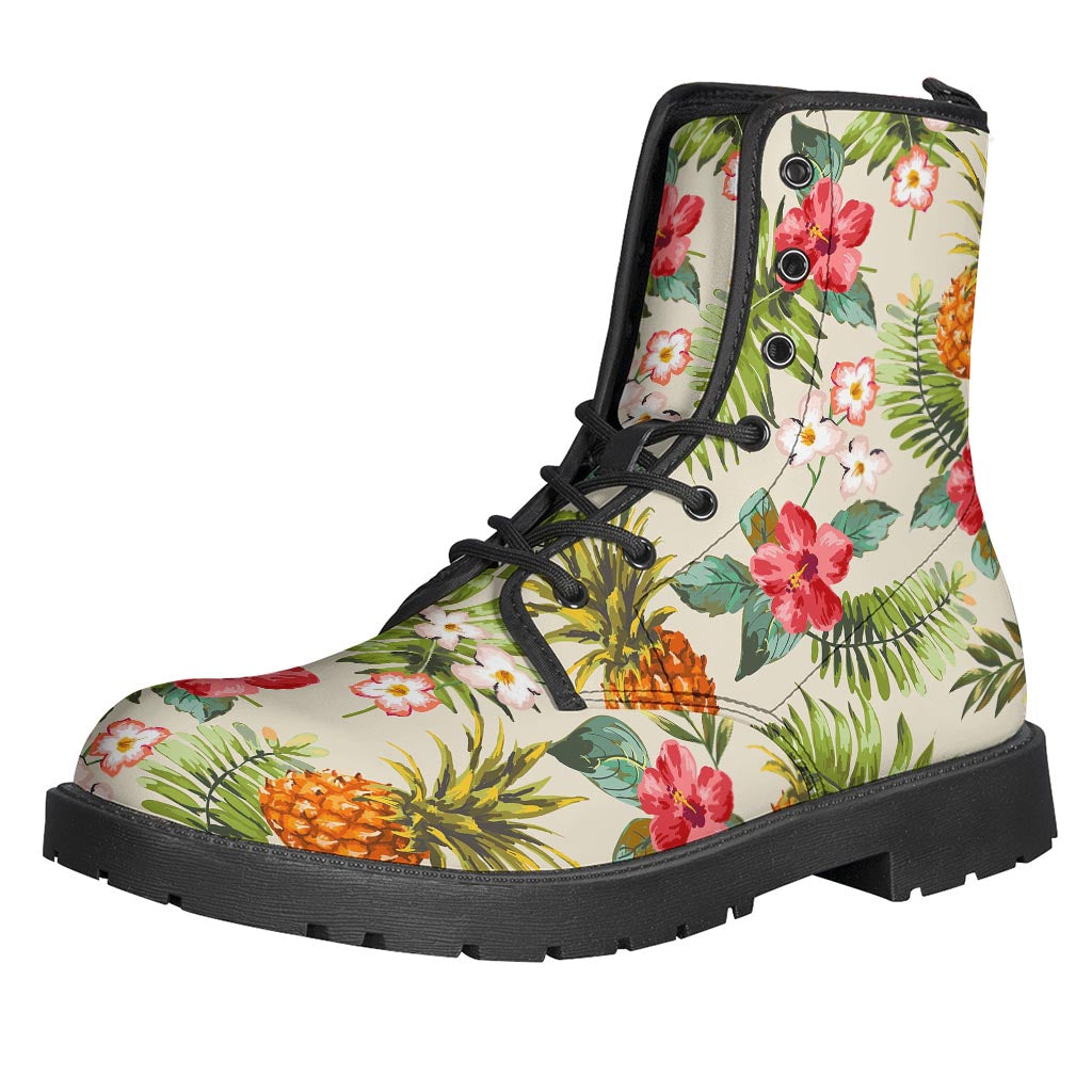 Groovy White Aloha Pineapple Pattern Leather Boots for the Free-Spirited Hippie - 1