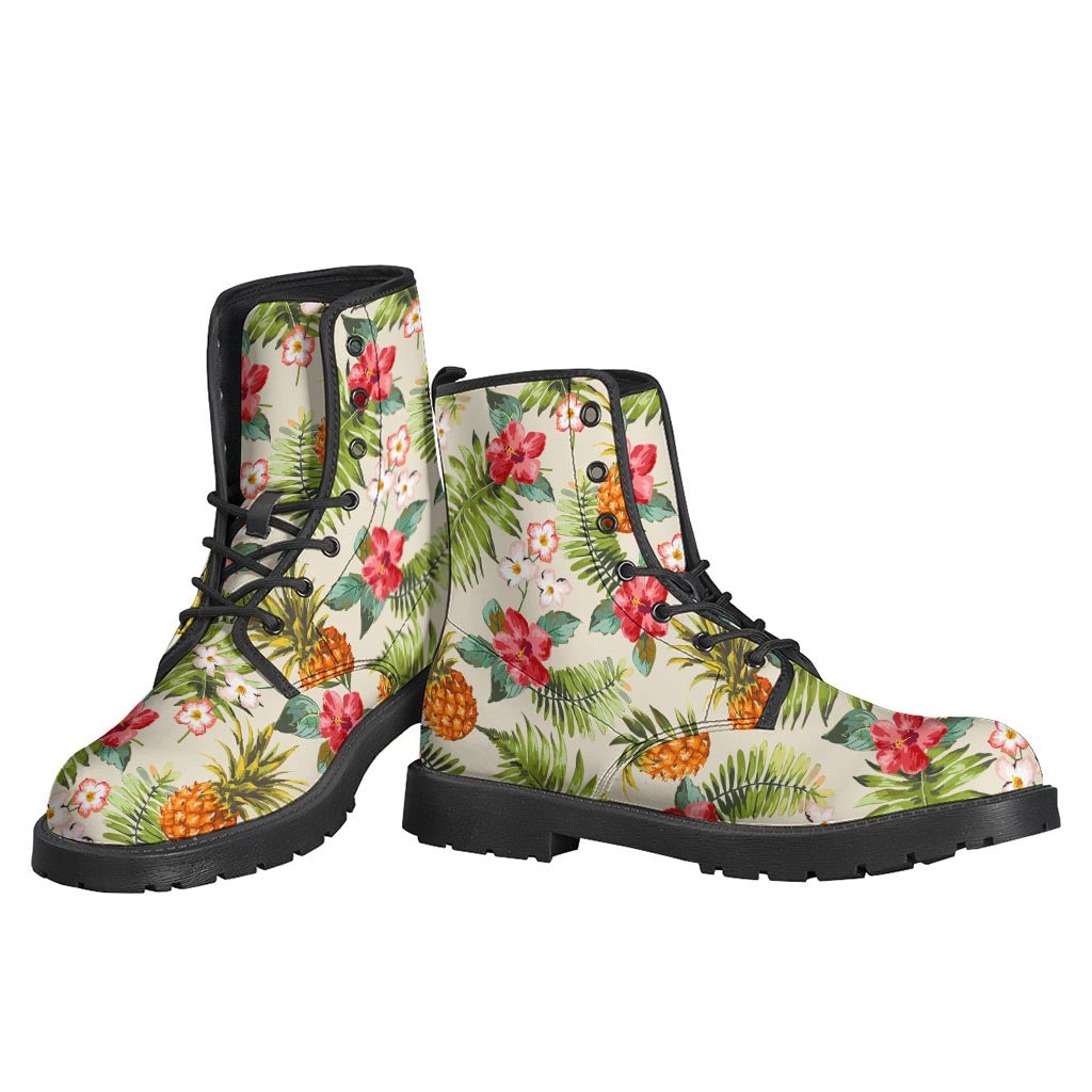 Groovy White Aloha Pineapple Pattern Leather Boots for the Free-Spirited Hippie - 3