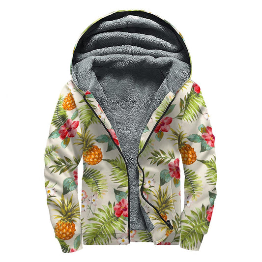 White Aloha Pineapple Pattern Print Hippies Sherpa Lined Zip Up Hoodie - 1