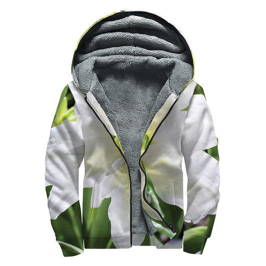 White Amaryllis Print Sherpa Lined Zip Up Hoodie - Embrace Your Inner Hippie Style - 1