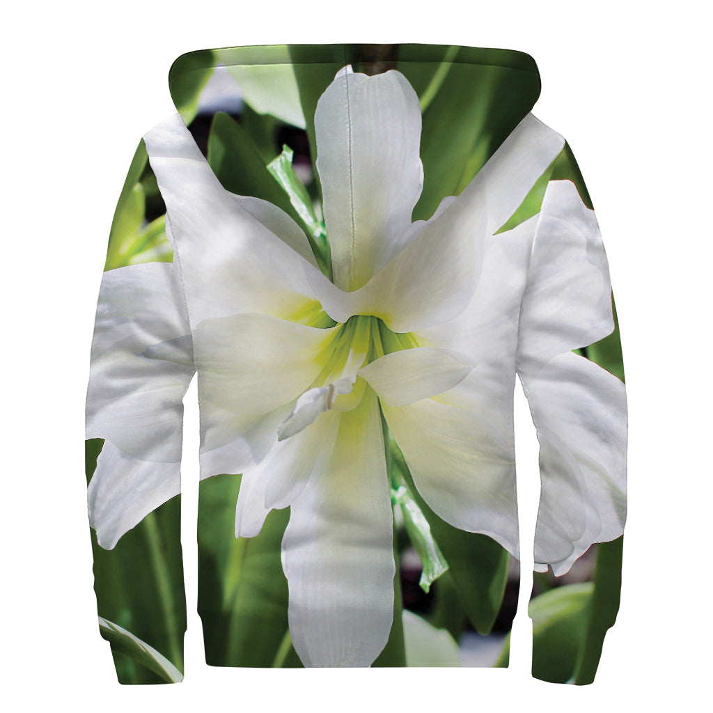 White Amaryllis Print Sherpa Lined Zip Up Hoodie - Embrace Your Inner Hippie Style - 2