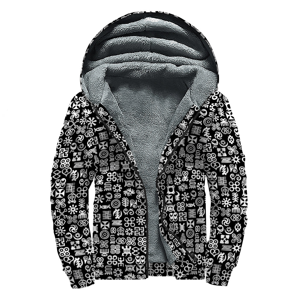 White and Black Adinkra Symbols Print Sherpa Lined Zip Up Hoodie - Embrace the Hippie Style - 1