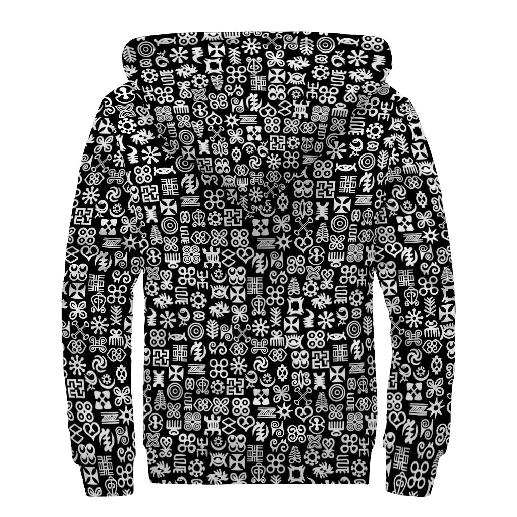 White and Black Adinkra Symbols Print Sherpa Lined Zip Up Hoodie - Embrace the Hippie Style - 2