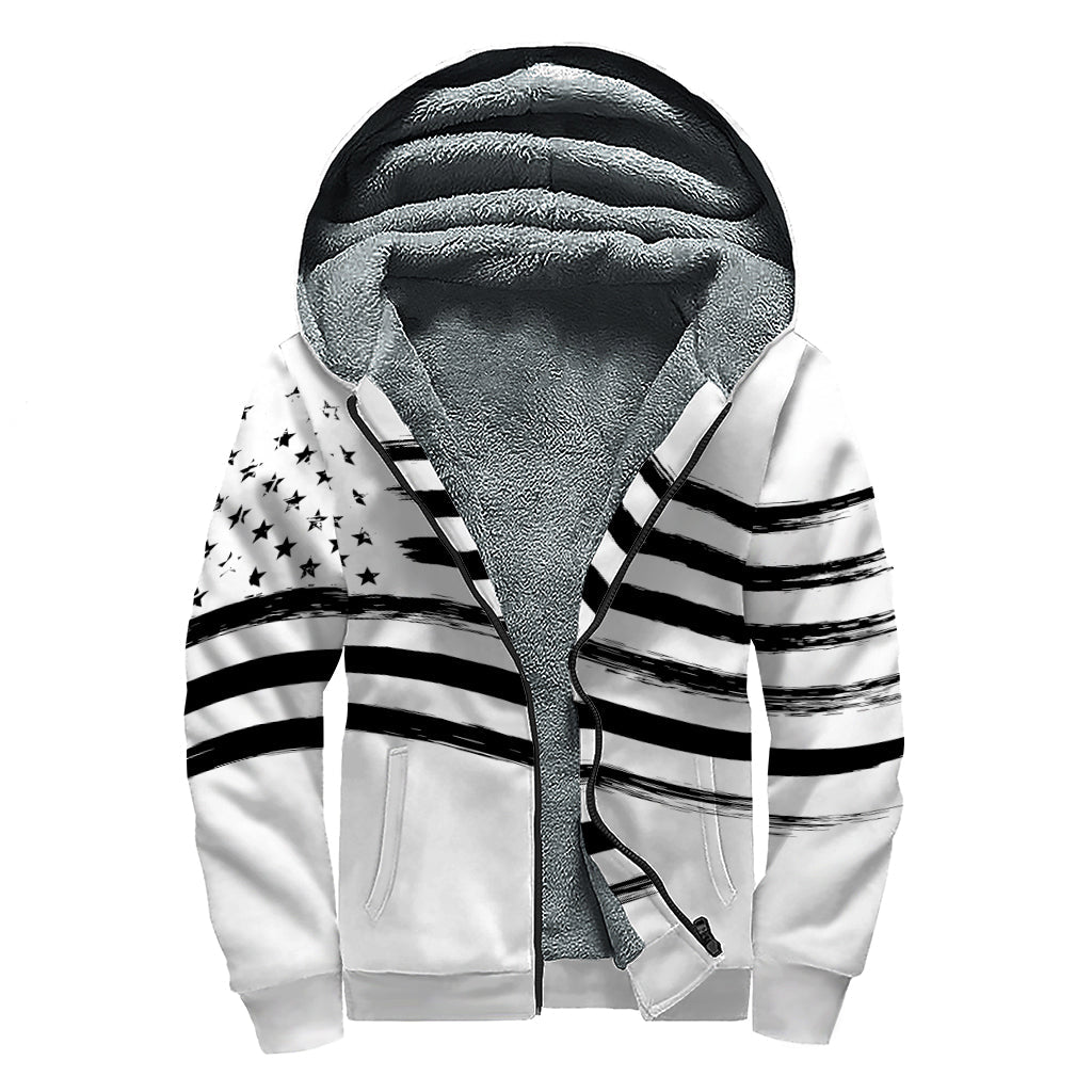 Groovy Vibes: White and Black American Flag Print Sherpa Lined Zip Up Hoodie - 1