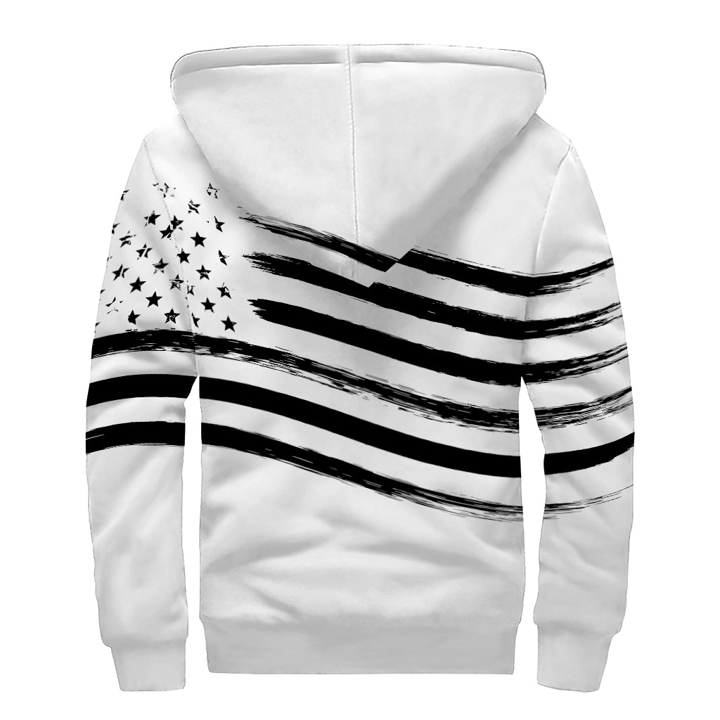 Groovy Vibes: White and Black American Flag Print Sherpa Lined Zip Up Hoodie - 2