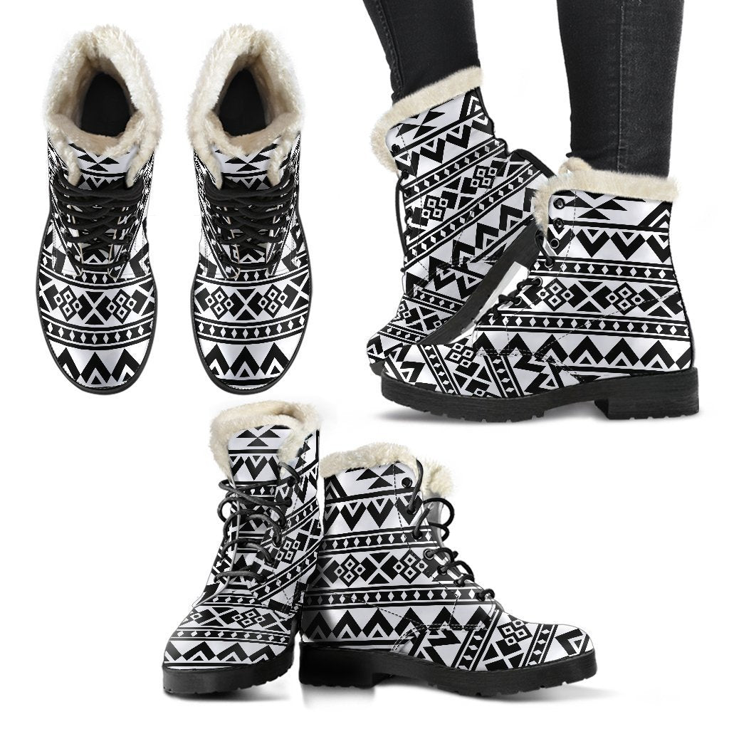 Boho Chic: White and Black Aztec Pattern Faux Fur Leather Boots - 2