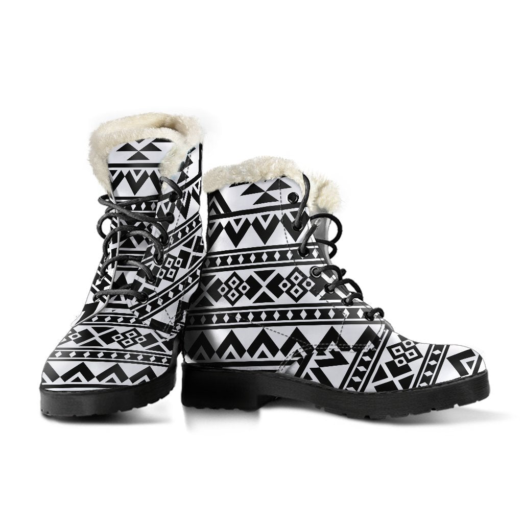 Boho Chic: White and Black Aztec Pattern Faux Fur Leather Boots - 3