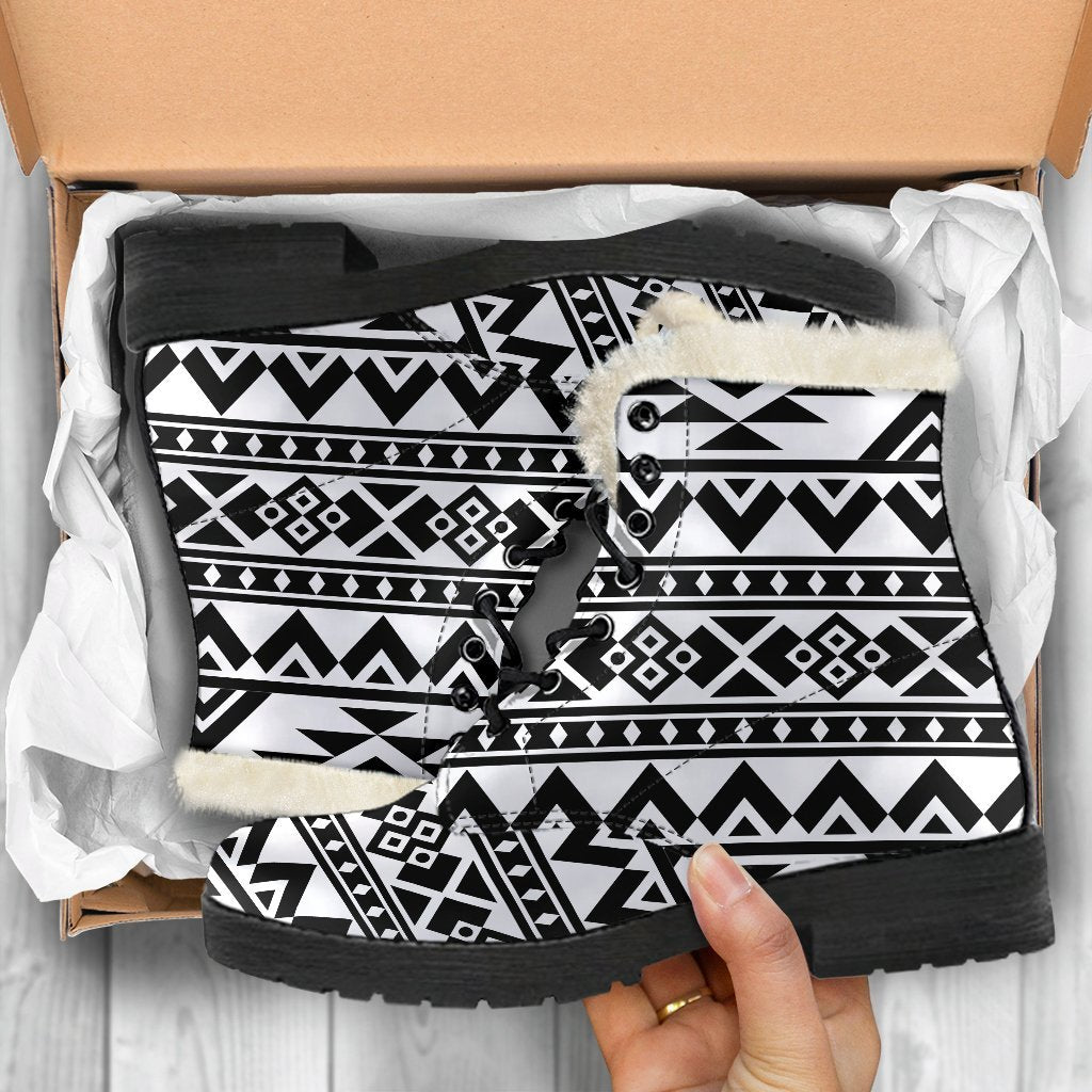 Boho Chic: White and Black Aztec Pattern Faux Fur Leather Boots - 5