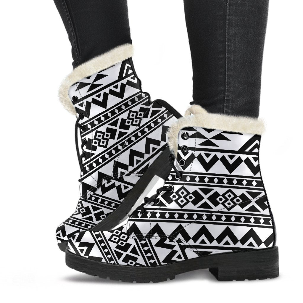 Boho Chic: White and Black Aztec Pattern Faux Fur Leather Boots - 1