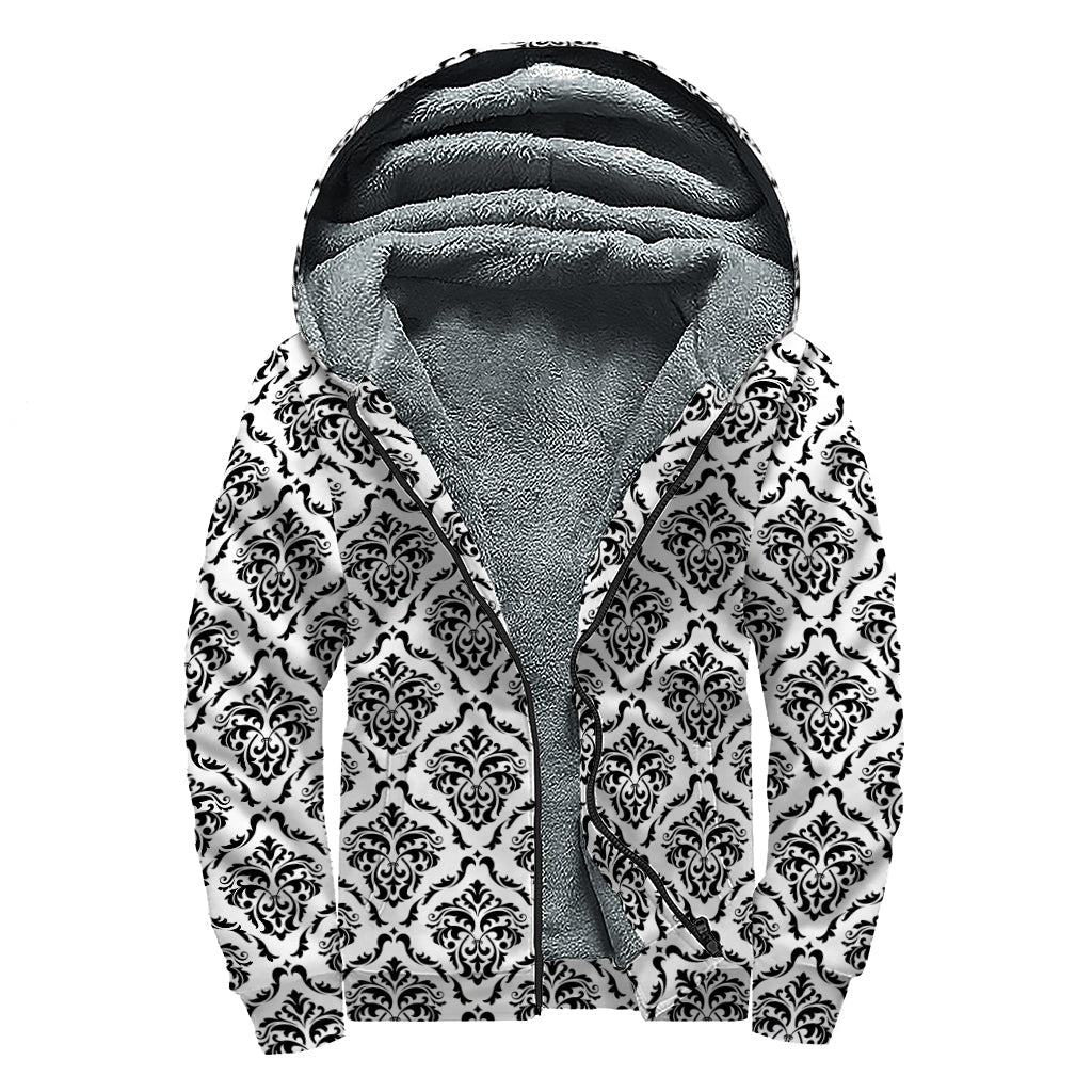 Groovy White and Black Damask Pattern Sherpa Lined Zip Up Hoodie for Hippies - 1