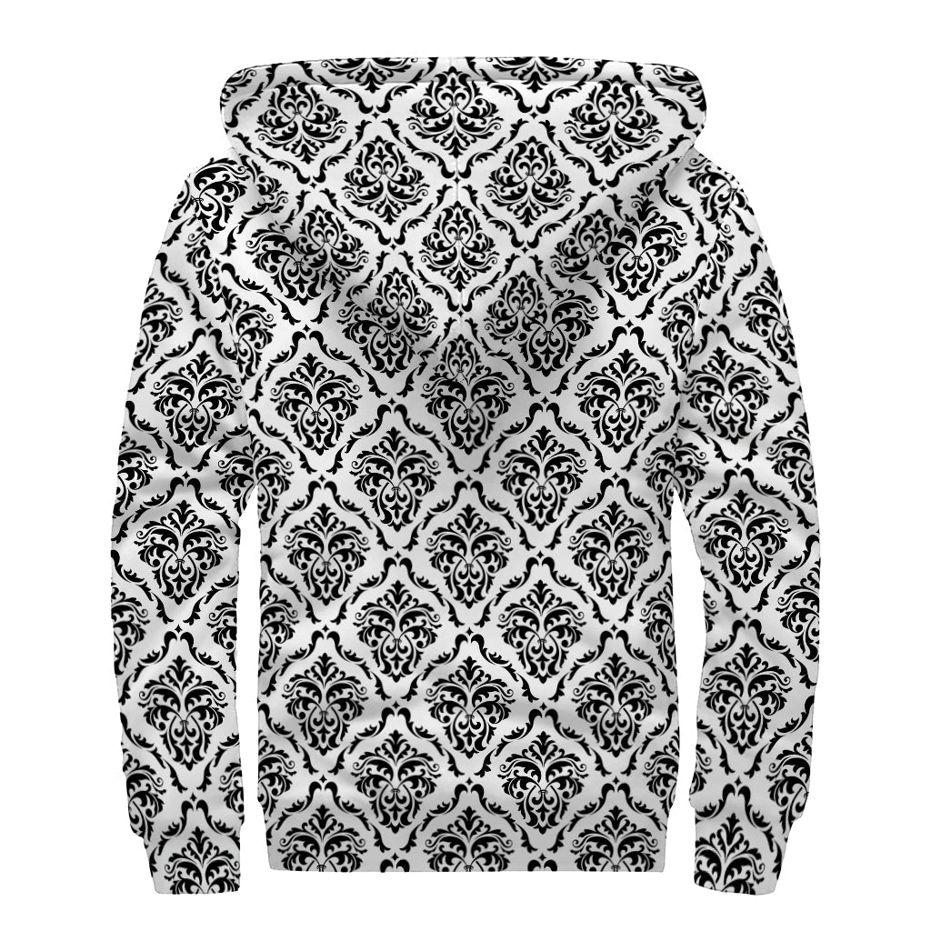 Groovy White and Black Damask Pattern Sherpa Lined Zip Up Hoodie for Hippies - 2