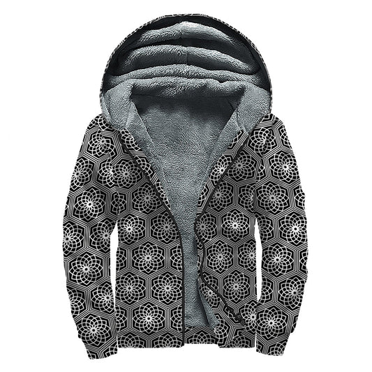 White and Black Lotus Pattern Print Sherpa Lined Zip Up Hoodie for Groovy Hippies - 1