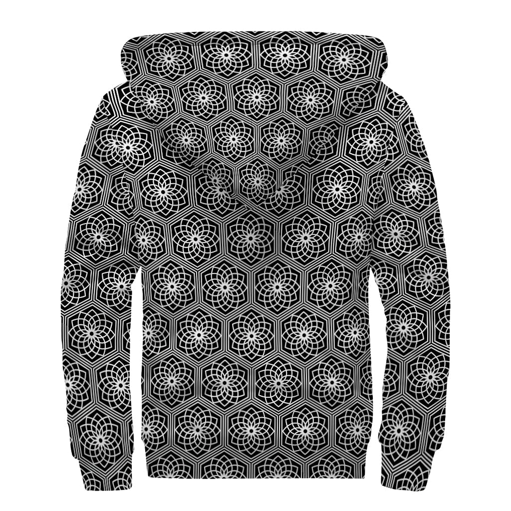 White and Black Lotus Pattern Print Sherpa Lined Zip Up Hoodie for Groovy Hippies - 2