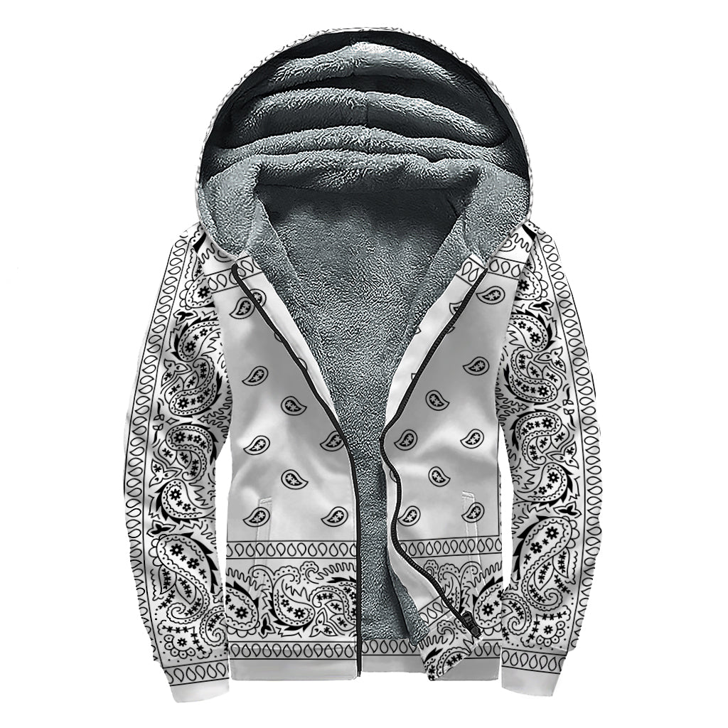 Wildflower Vibes: White and Black Paisley Bandana Print Sherpa Lined Zip Up Hoodie - 1