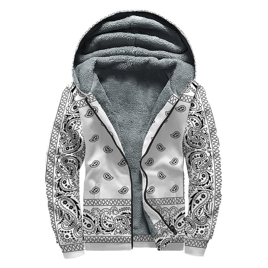 Wildflower Vibes: White and Black Paisley Bandana Print Sherpa Lined Zip Up Hoodie - 1