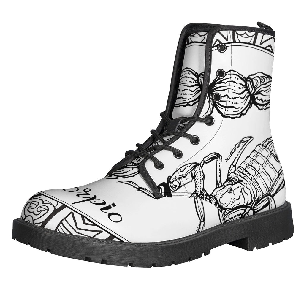 Bohemian Vibes: White and Black Scorpio Print Leather Lightweight Boots for Hippies - 1