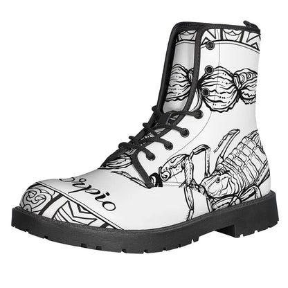 Bohemian Vibes: White and Black Scorpio Print Leather Lightweight Boots for Hippies - 1