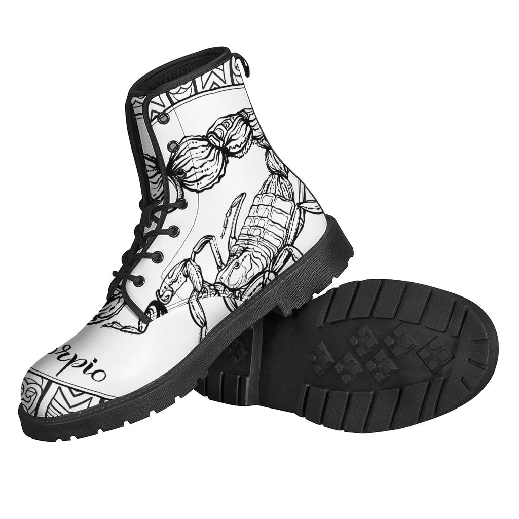 Bohemian Vibes: White and Black Scorpio Print Leather Lightweight Boots for Hippies - 2