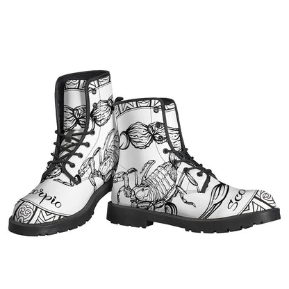 Bohemian Vibes: White and Black Scorpio Print Leather Lightweight Boots for Hippies - 3