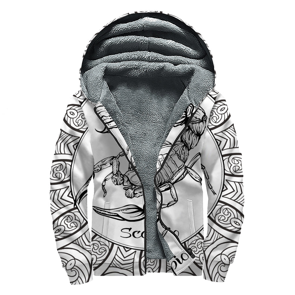 White and Black Scorpio Sign Print Sherpa Lined Zip Up Hoodie for The Groovy Hippie - 1