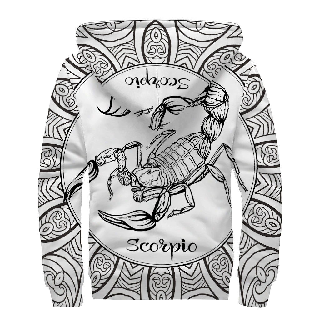 White and Black Scorpio Sign Print Sherpa Lined Zip Up Hoodie for The Groovy Hippie - 2