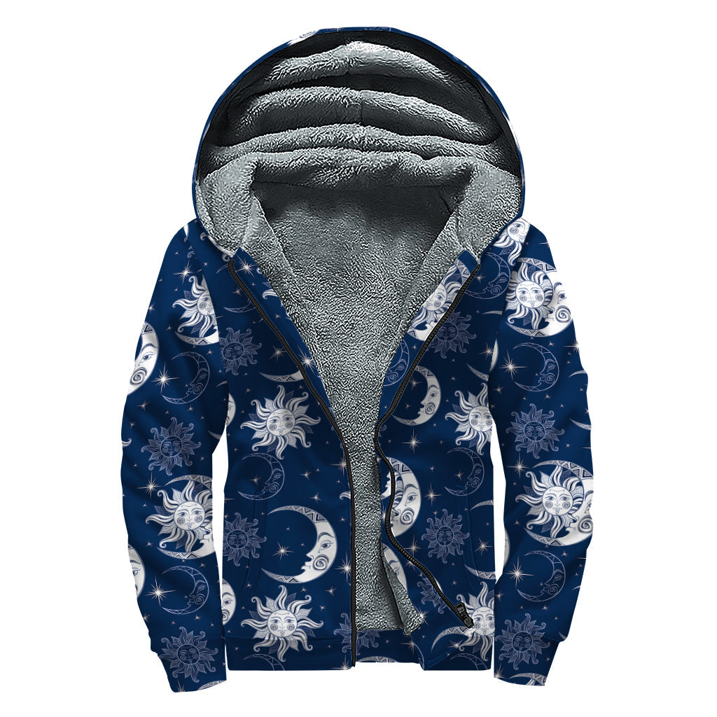 White and Blue Celestial Pattern Print Hippie Sherpa Lined Zip Up Hoodie - 1