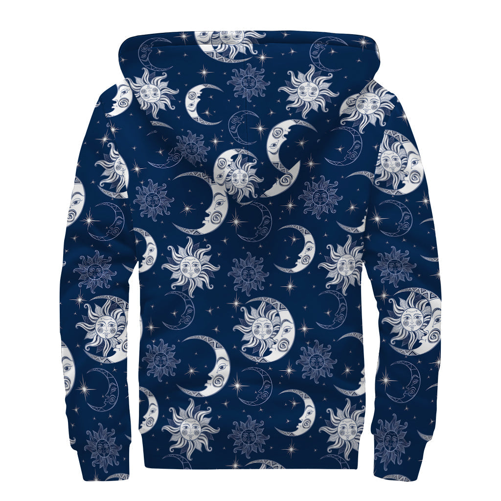 White and Blue Celestial Pattern Print Hippie Sherpa Lined Zip Up Hoodie - 2