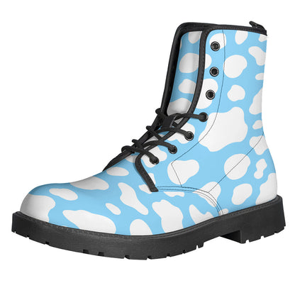 White and Blue Cow Print Leather Boots for the Groovy Hippie - 1