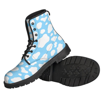 White and Blue Cow Print Leather Boots for the Groovy Hippie - 2