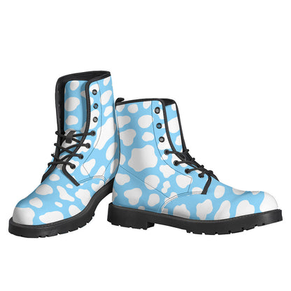 White and Blue Cow Print Leather Boots for the Groovy Hippie - 3