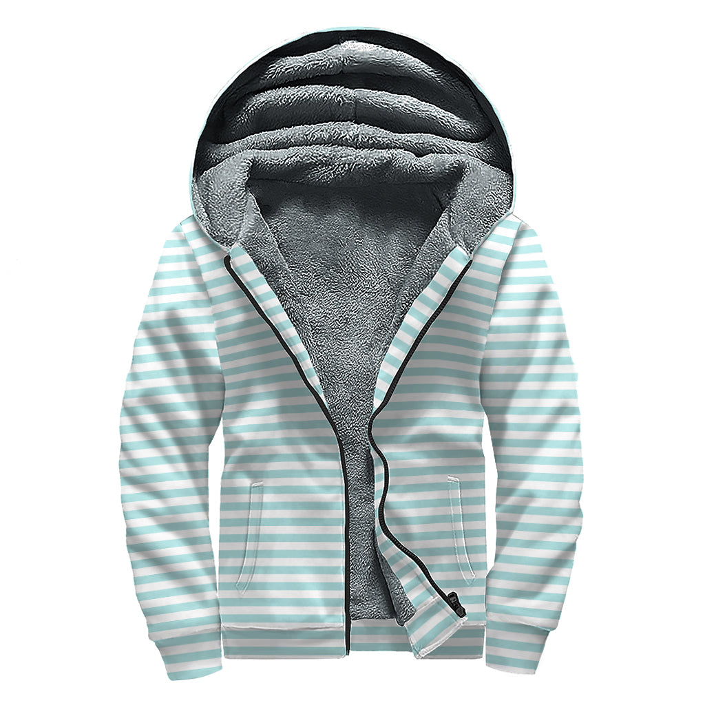 White and Cyan Striped Pattern Print Hippie Sherpa Lined Zip Up Hoodie - 1