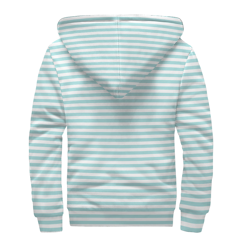 White and Cyan Striped Pattern Print Hippie Sherpa Lined Zip Up Hoodie - 2