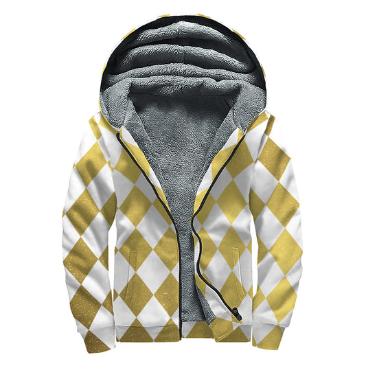 White and Gold Harlequin Pattern Print Hippie Sherpa Lined Zip Up Hoodie - 1