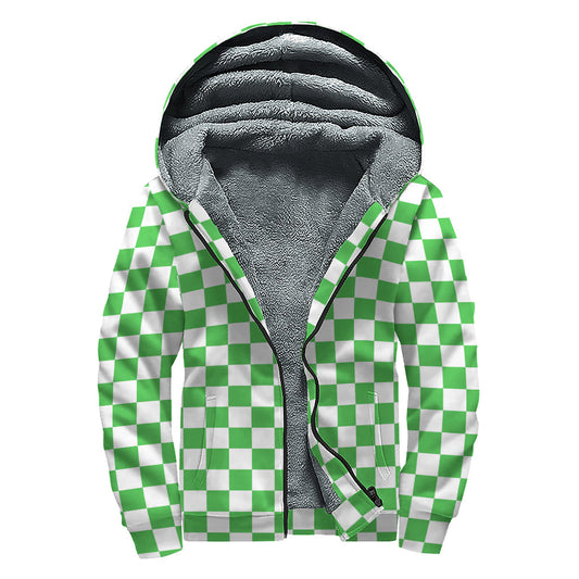 White and Green Checkered Print Sherpa Lined Zip Up Hoodie: Embrace Your Inner Hippie Style - 1