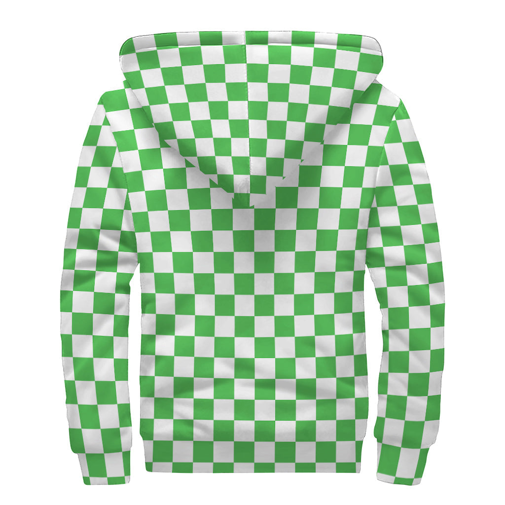 White and Green Checkered Print Sherpa Lined Zip Up Hoodie: Embrace Your Inner Hippie Style - 2