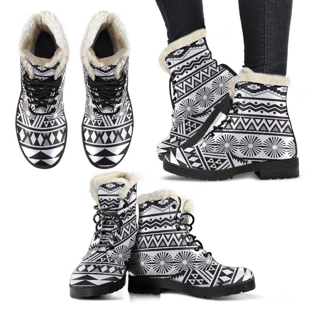 Boho Bliss: White and Grey Aztec Pattern Faux Fur Leather Boots - 2