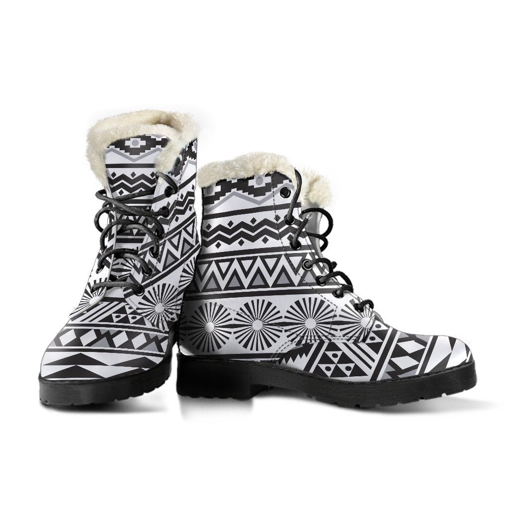 Boho Bliss: White and Grey Aztec Pattern Faux Fur Leather Boots - 3