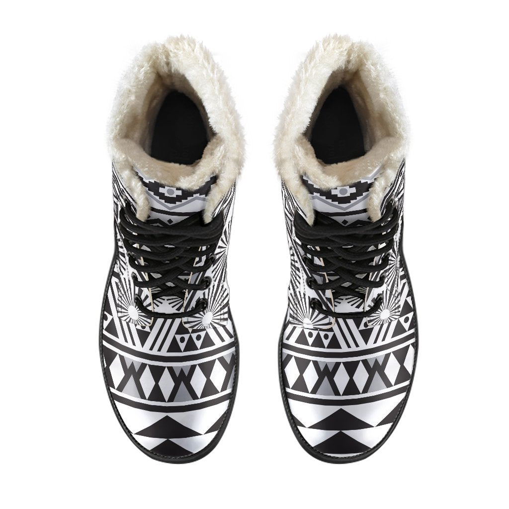 Boho Bliss: White and Grey Aztec Pattern Faux Fur Leather Boots - 4