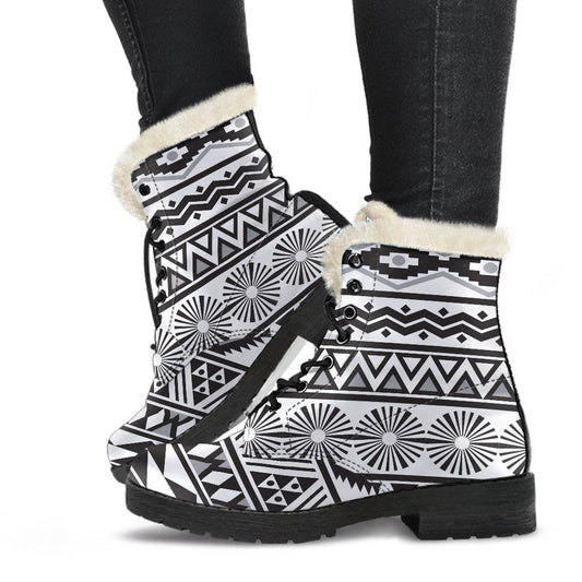 Boho Bliss: White and Grey Aztec Pattern Faux Fur Leather Boots - 1