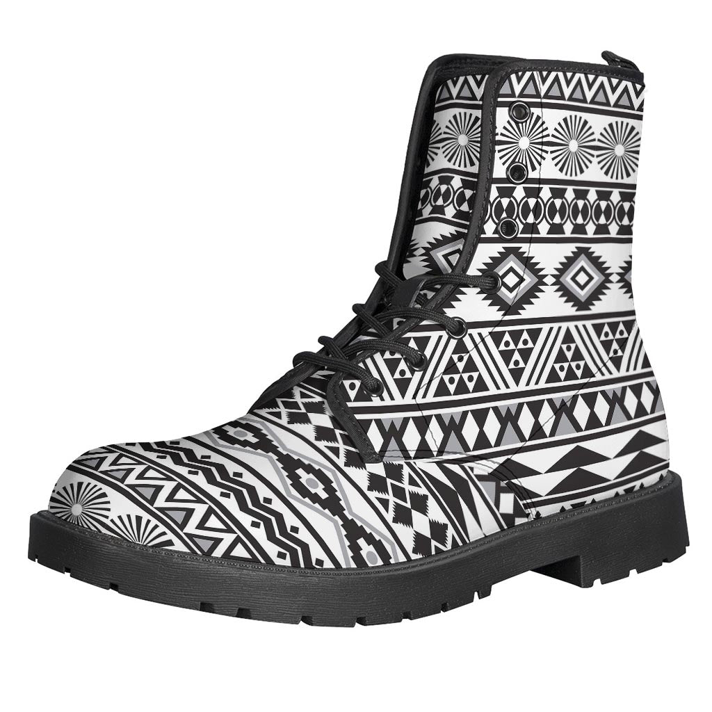 White and Grey Aztec Pattern Leather Boots: Embrace Your Inner Hippie Style - 1