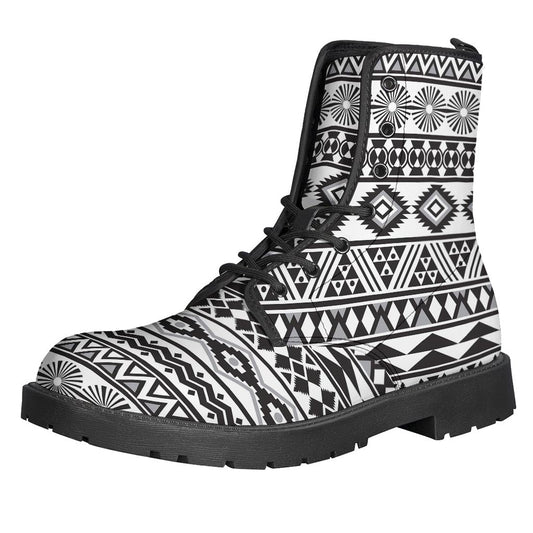 White and Grey Aztec Pattern Leather Boots: Embrace Your Inner Hippie Style - 1