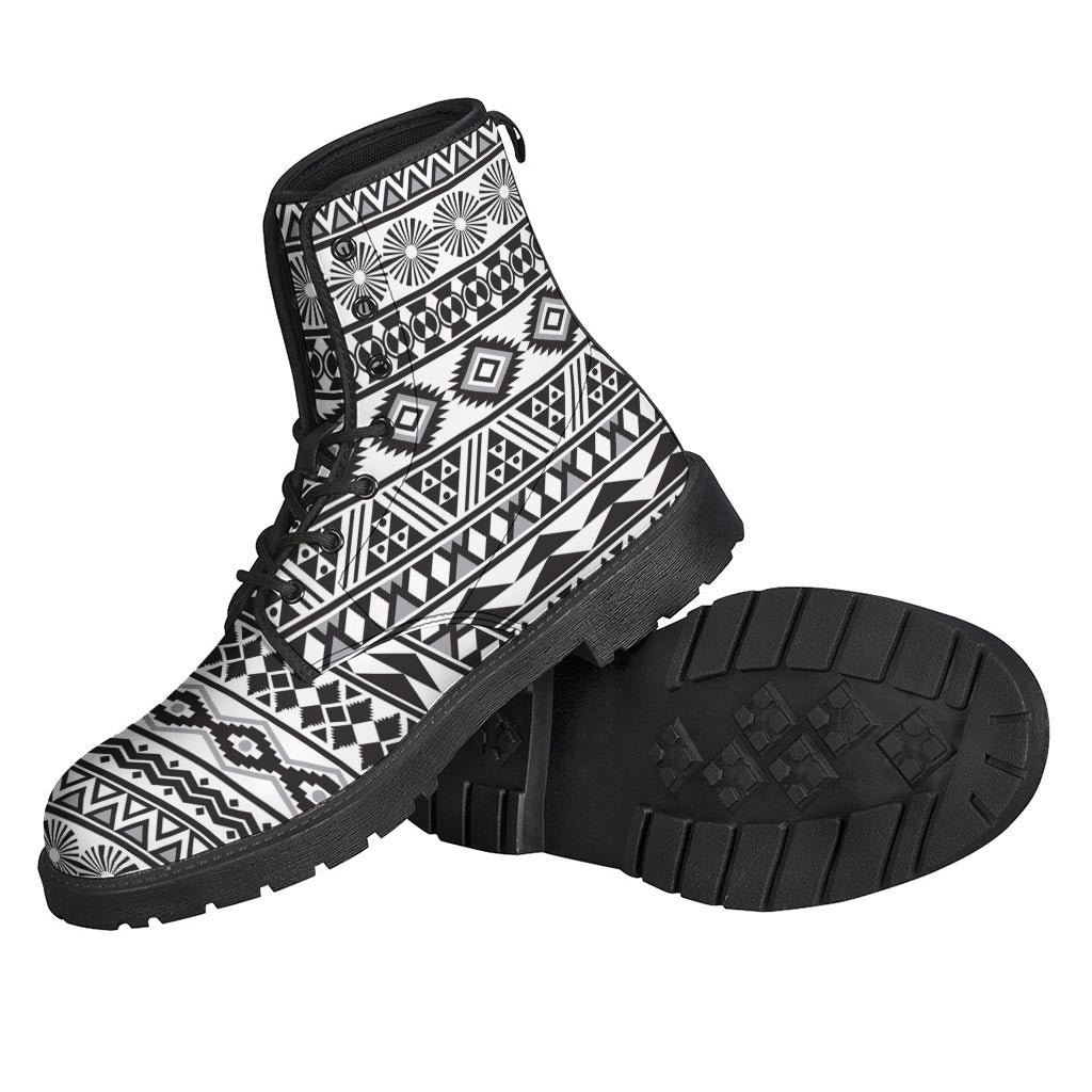 White and Grey Aztec Pattern Leather Boots: Embrace Your Inner Hippie Style - 2