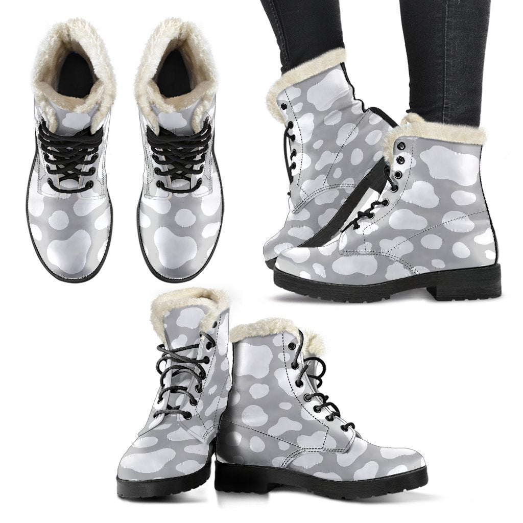 Boho Chic: White and Grey Cow Print Faux Fur Leather Boots for the Free-Spirited Hippie - 2