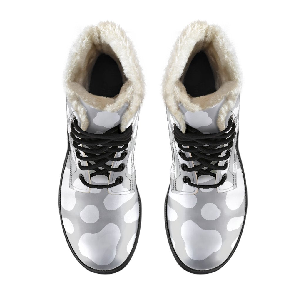 Boho Chic: White and Grey Cow Print Faux Fur Leather Boots for the Free-Spirited Hippie - 4