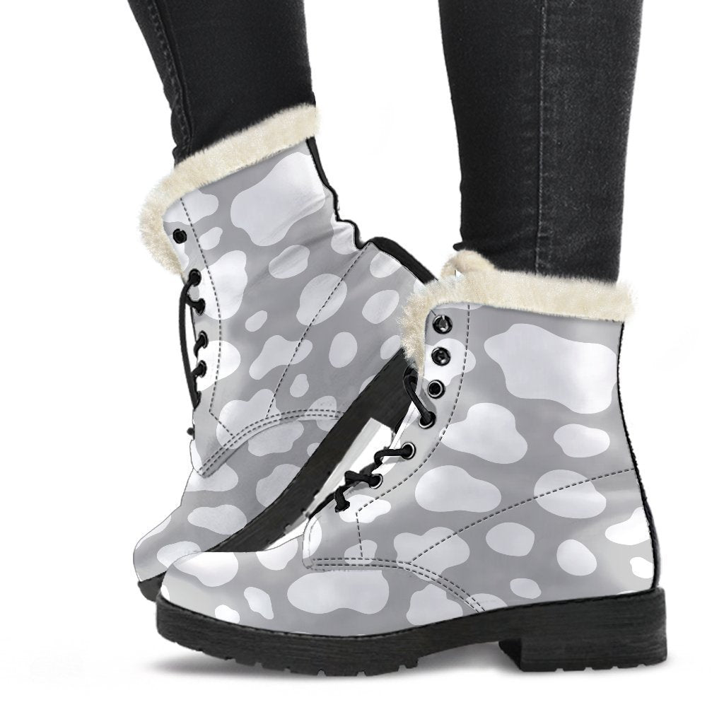 Boho Chic: White and Grey Cow Print Faux Fur Leather Boots for the Free-Spirited Hippie - 1