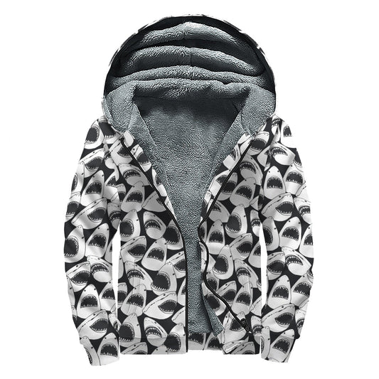 White and Grey Shark Pattern Sherpa Lined Zip Up Hoodie for Groovy Hippies - 1