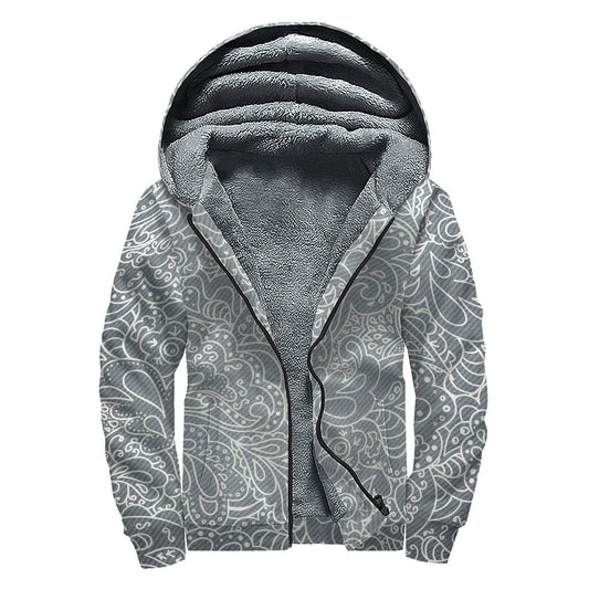 White and Grey Western Floral Print Sherpa Lined Hippie Zip Up Hoodie - 1