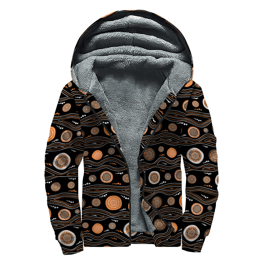 White and Orange Aboriginal Dot Print Sherpa Lined Zip Up Hoodie: Embrace Your Inner Hippie Style - 1