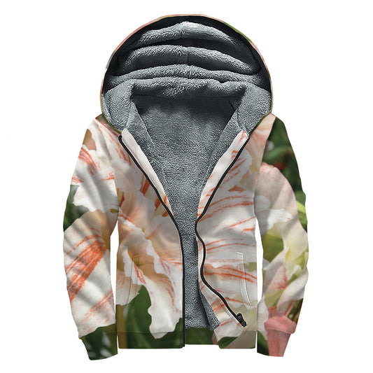 Groovy Vibes: White and Pink Amaryllis Print Hippies Sherpa Lined Zip Up Hoodie - 1