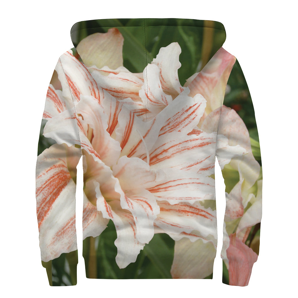 Groovy Vibes: White and Pink Amaryllis Print Hippies Sherpa Lined Zip Up Hoodie - 2